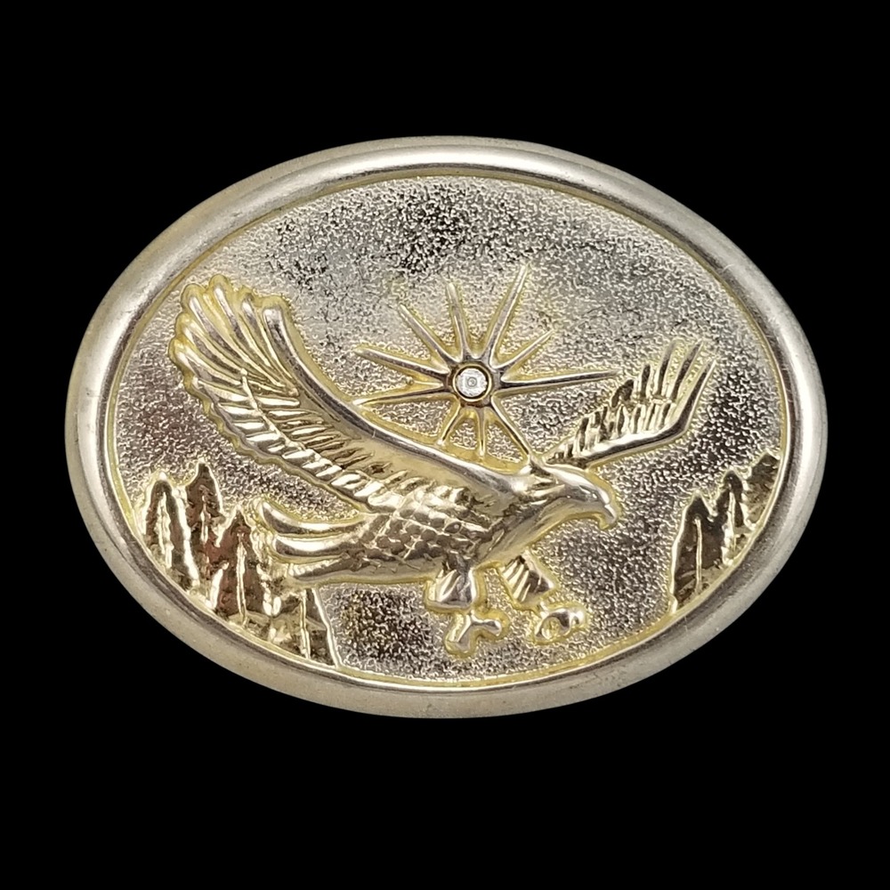 Vintage Soaring Eagle Belt Buckle Silver Gold Tone Western Rhinestone‎ Sunburst